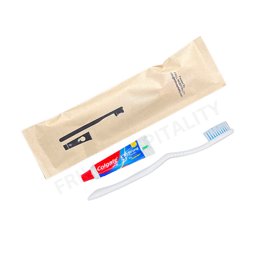 Hotel Dental kit with white toothbrush and colgate 8g (Kraft Pouch - 100pc/case)